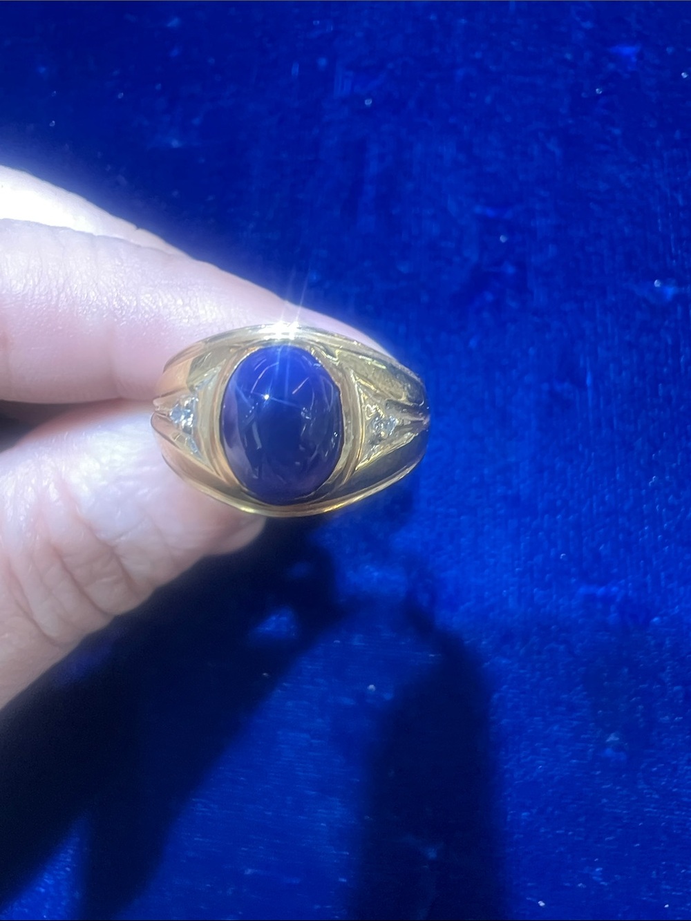 Gold Ring with Deep Blue Star Sapphire Cabochon